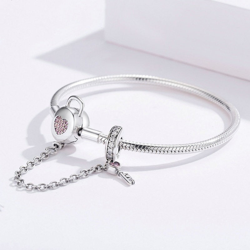 Trivellolab Lock & Key Pink Heart Safety Chain Charm Bracelet