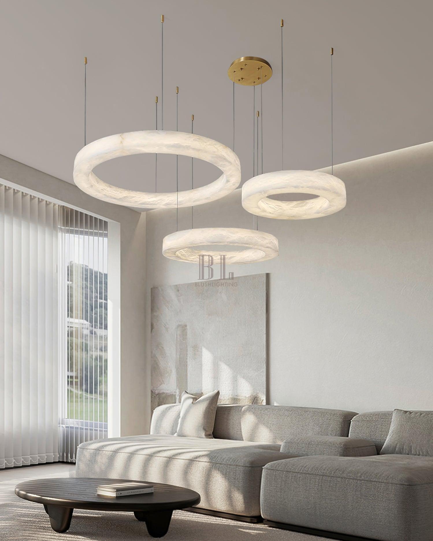 Marika Alabaster Chandelier - 3 Rings S 19.6″+23.6″+31.5″ / 50cm+60cm+80cmBrass & White AlabasterWarm WhiteTrivellolab