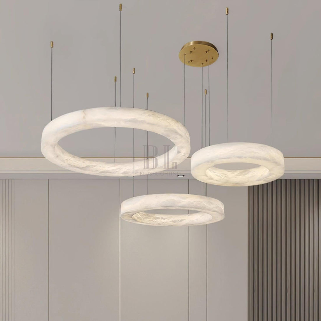 Marika Alabaster Chandelier - 3 Rings S 19.6″+23.6″+31.5″ / 50cm+60cm+80cmBrass & White AlabasterWarm WhiteTrivellolab