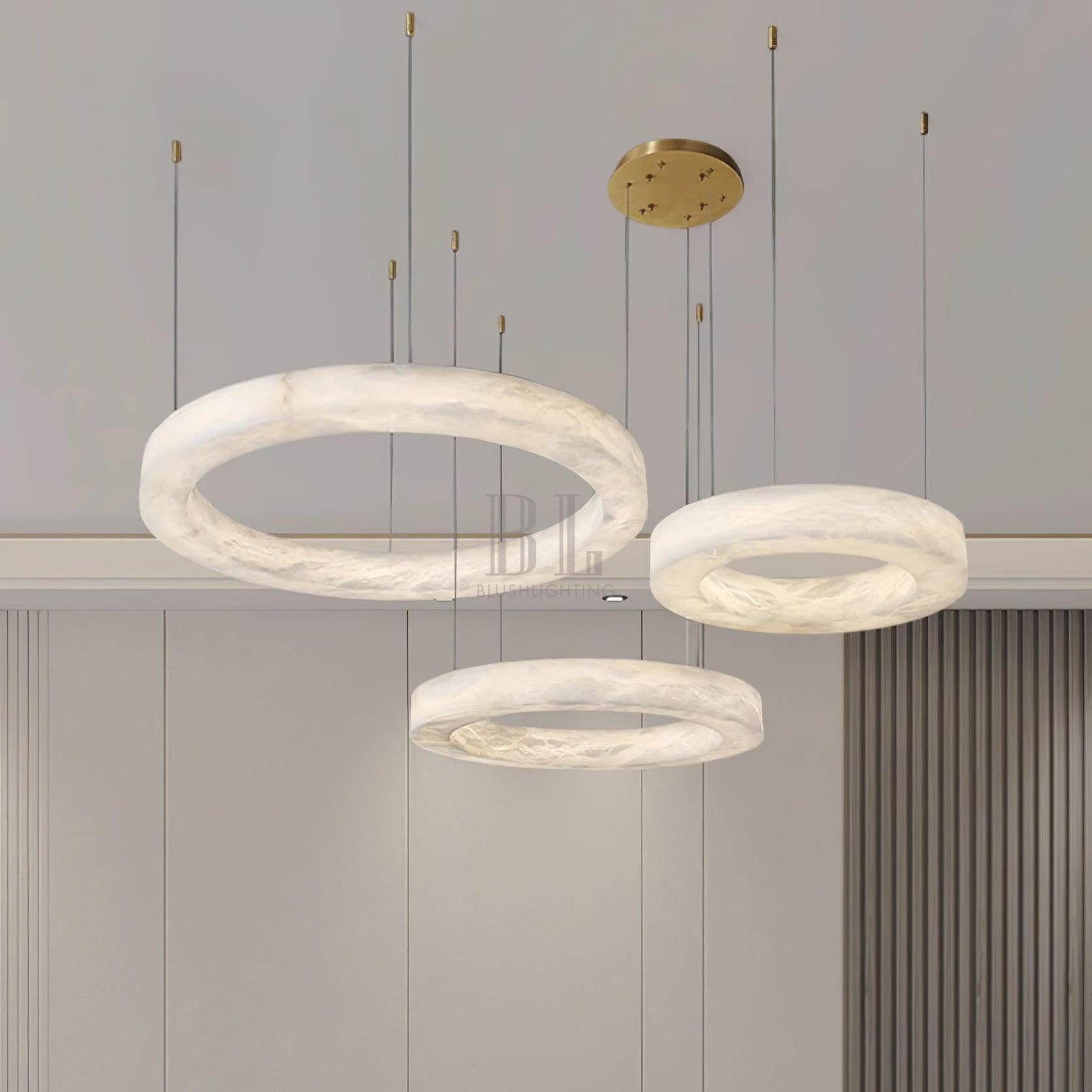 Marika Alabaster Chandelier - 3 Rings S 19.6″+23.6″+31.5″ / 50cm+60cm+80cmBrass & White AlabasterWarm WhiteTrivellolab
