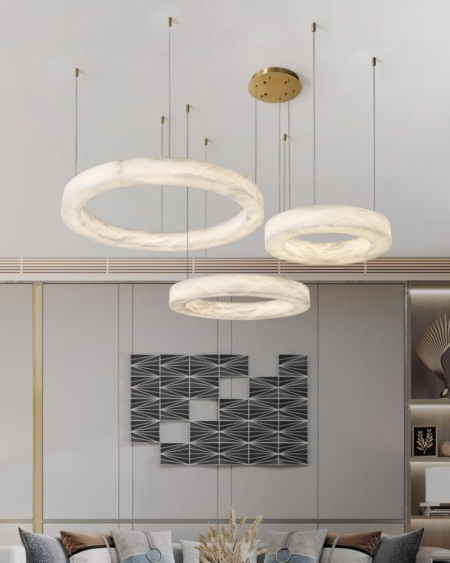 Marika Alabaster Chandelier - 3 Rings S 19.6″+23.6″+31.5″ / 50cm+60cm+80cmBrass & White AlabasterWarm WhiteTrivellolab
