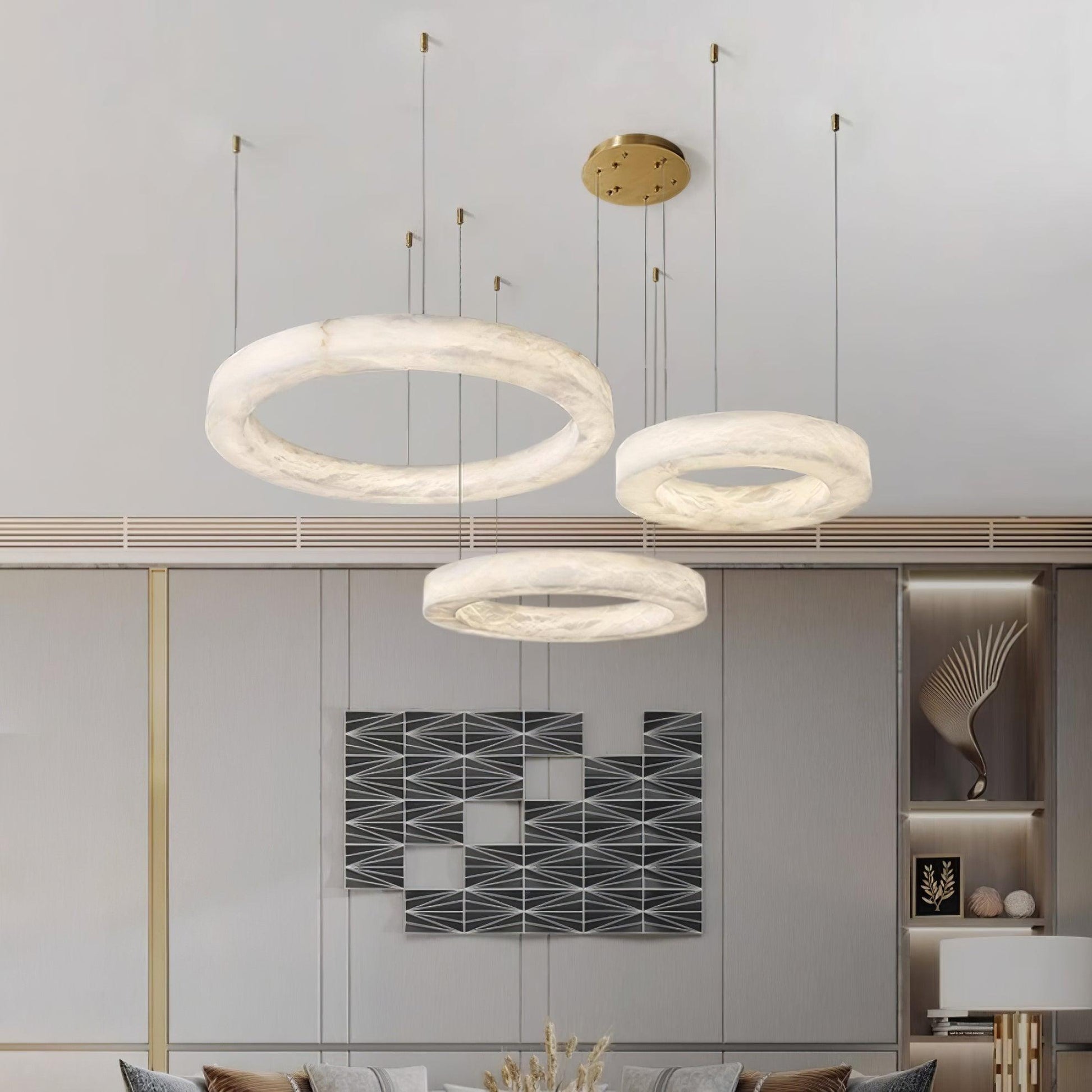 Marika Alabaster Chandelier - 3 Rings S 19.6″+23.6″+31.5″ / 50cm+60cm+80cmBrass & White AlabasterWarm WhiteTrivellolab