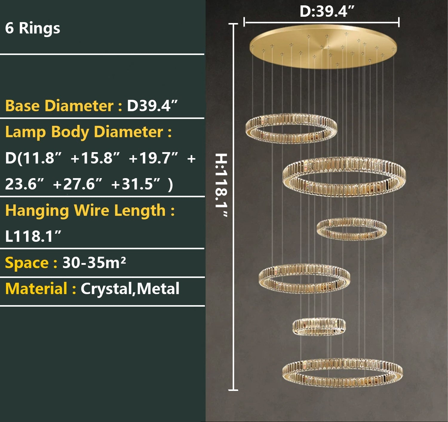 Modern Layered Ring Crystal Chandelier For High Ceiling Living Room /Foryer/Stairscase - 5 Rings:D23.6"*H78.7"Warm LightTrivellolab