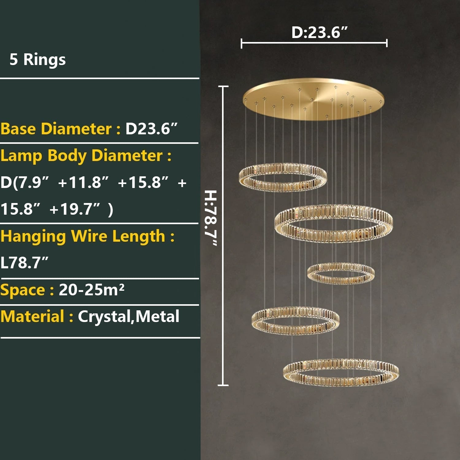 Modern Layered Ring Crystal Chandelier For High Ceiling Living Room /Foryer/Stairscase - 5 Rings:D23.6"*H78.7"Warm LightTrivellolab