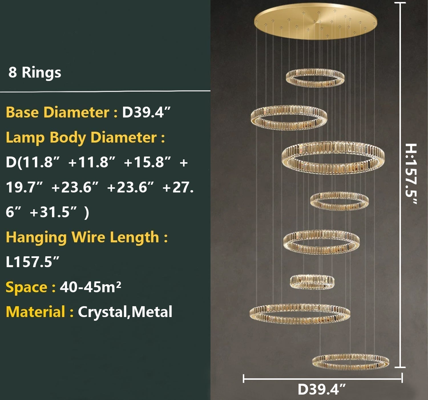 Modern Layered Ring Crystal Chandelier For High Ceiling Living Room /Foryer/Stairscase - 5 Rings:D23.6"*H78.7"Warm LightTrivellolab