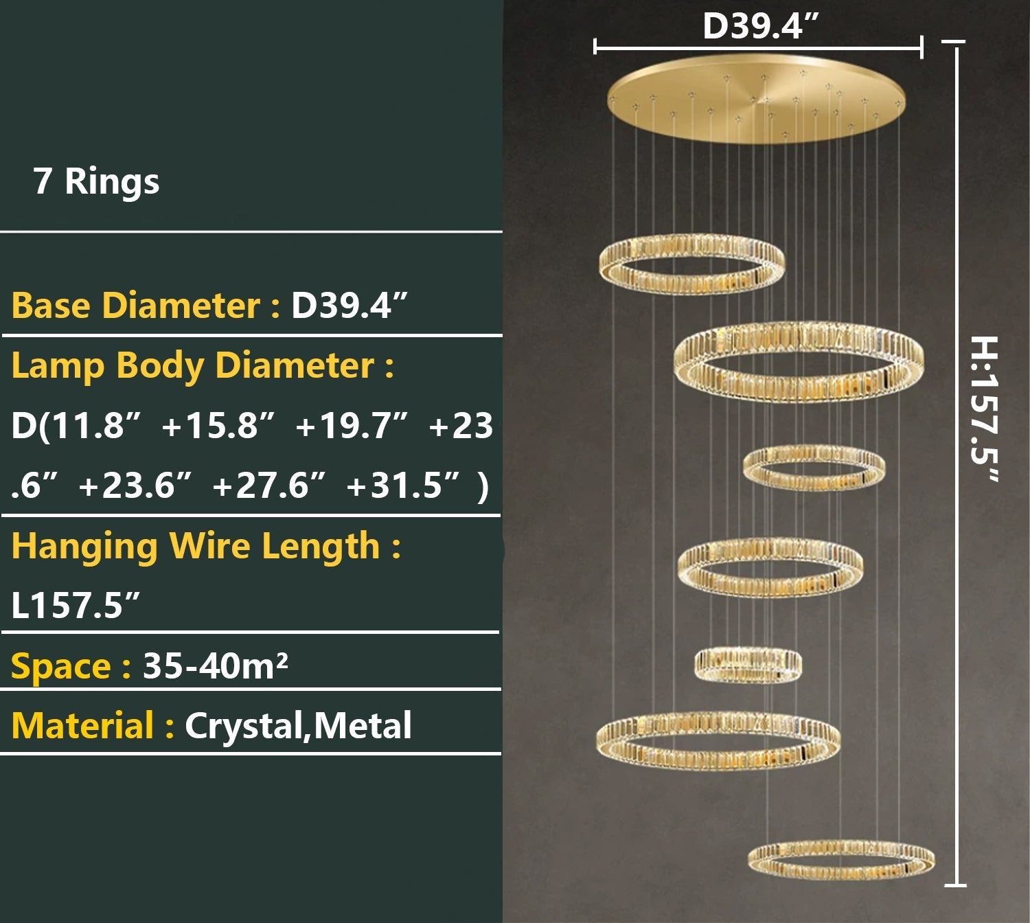 Modern Layered Ring Crystal Chandelier For High Ceiling Living Room /Foryer/Stairscase - 5 Rings:D23.6"*H78.7"Warm LightTrivellolab