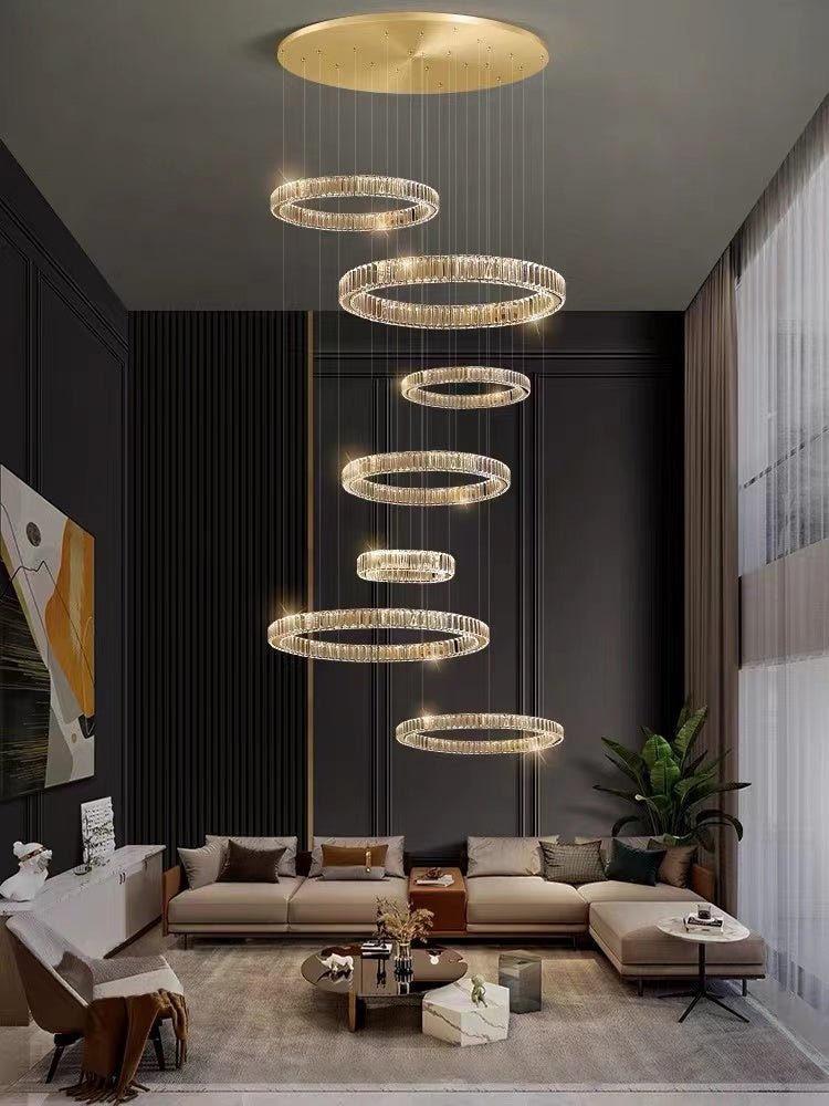 Modern Layered Ring Crystal Chandelier For High Ceiling Living Room /Foryer/Stairscase - 5 Rings:D23.6"*H78.7"Warm LightTrivellolab