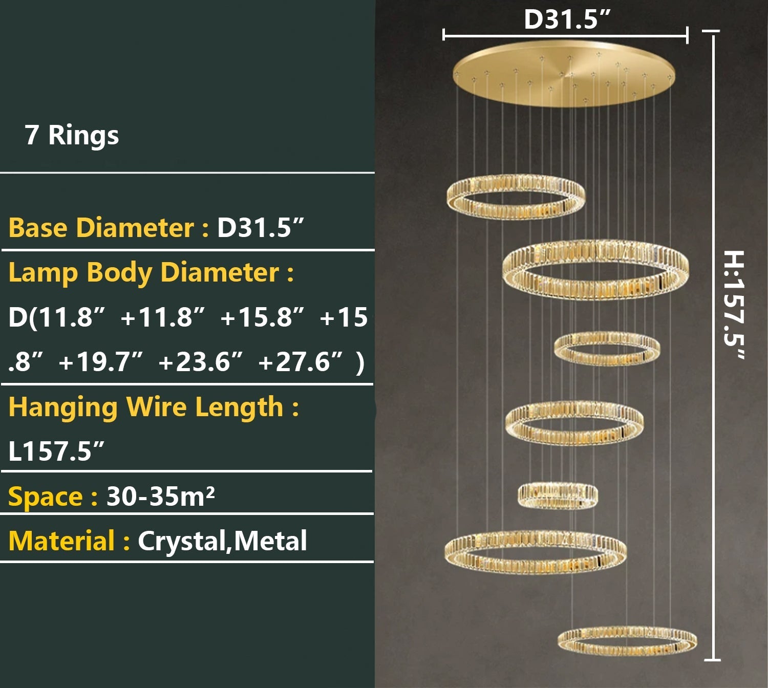 Modern Layered Ring Crystal Chandelier For High Ceiling Living Room /Foryer/Stairscase - 5 Rings:D23.6"*H78.7"Warm LightTrivellolab