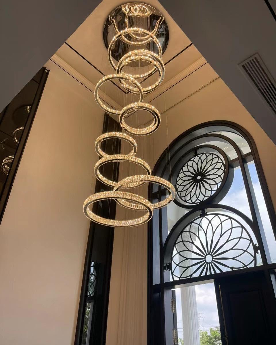 Modern Layered Ring Crystal Chandelier For High Ceiling Living Room /Foryer/Stairscase - 5 Rings:D23.6"*H78.7"Warm LightTrivellolab