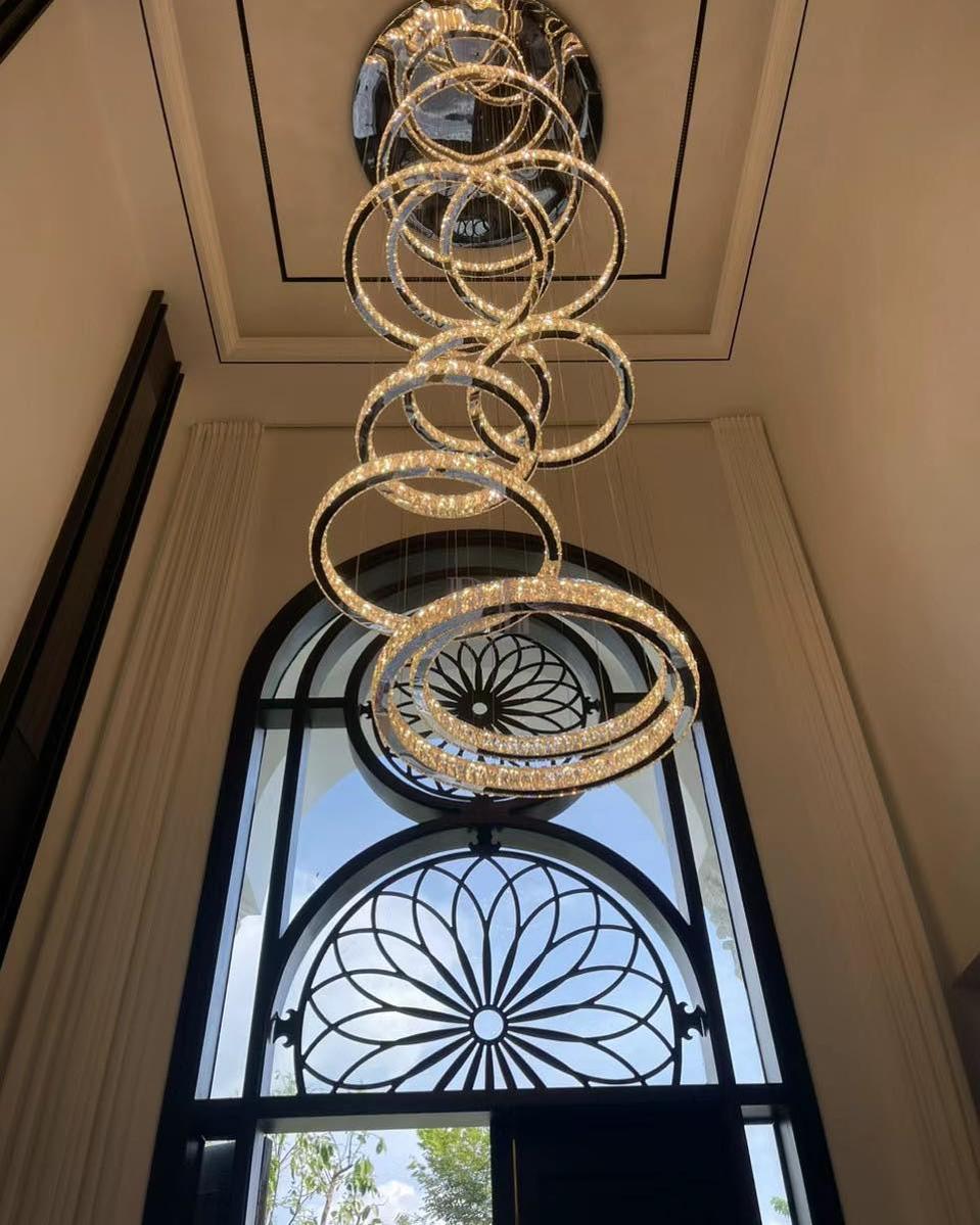 Modern Layered Ring Crystal Chandelier For High Ceiling Living Room /Foryer/Stairscase - 5 Rings:D23.6"*H78.7"Warm LightTrivellolab