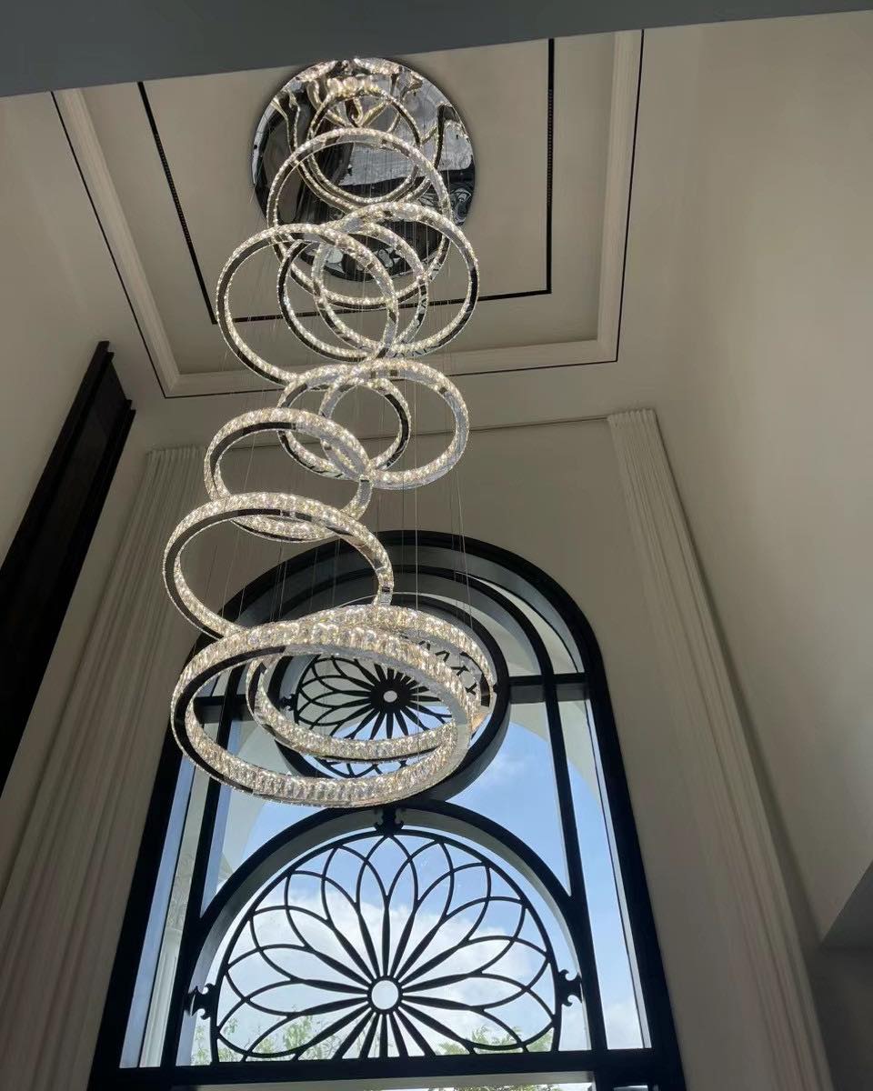 Modern Layered Ring Crystal Chandelier For High Ceiling Living Room /Foryer/Stairscase - 5 Rings:D23.6"*H78.7"Warm LightTrivellolab