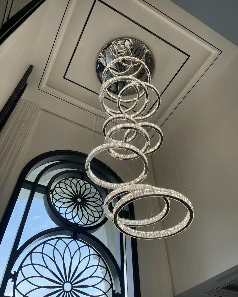 Modern Layered Ring Crystal Chandelier For High Ceiling Living Room /Foryer/Stairscase - 5 Rings:D23.6"*H78.7"Warm LightTrivellolab