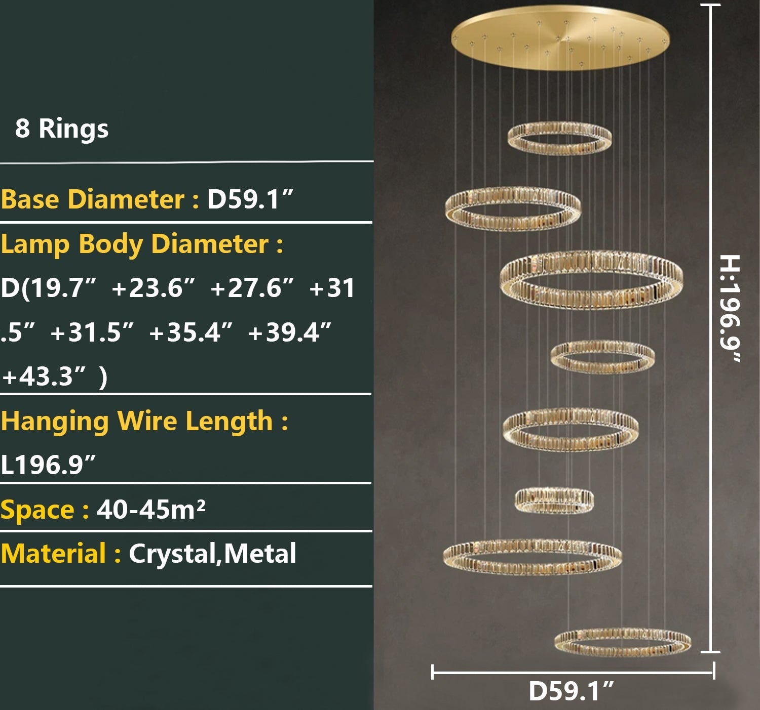 Modern Layered Ring Crystal Chandelier For High Ceiling Living Room /Foryer/Stairscase - 5 Rings:D23.6"*H78.7"Warm LightTrivellolab