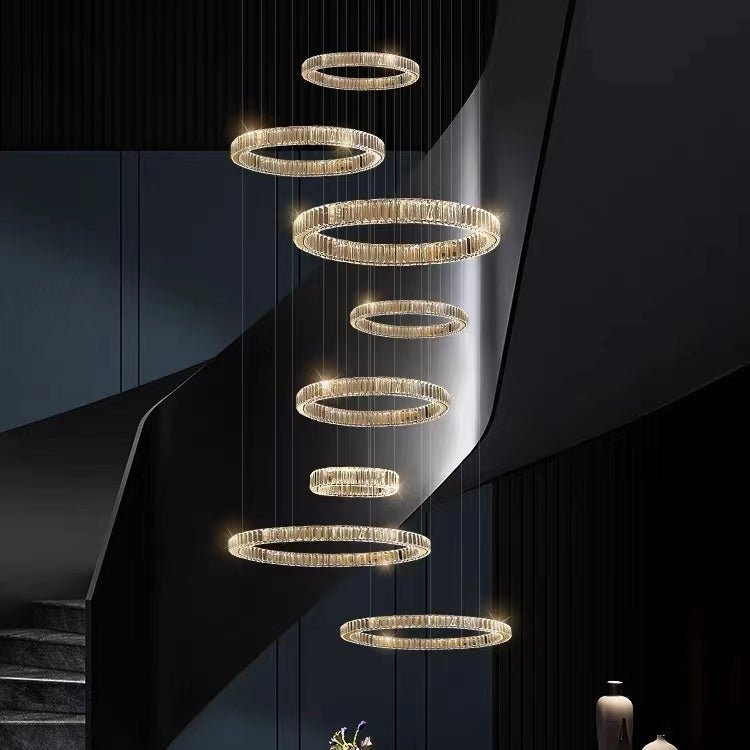 Modern Layered Ring Crystal Chandelier For High Ceiling Living Room /Foryer/Stairscase - 5 Rings:D23.6"*H78.7"Warm LightTrivellolab