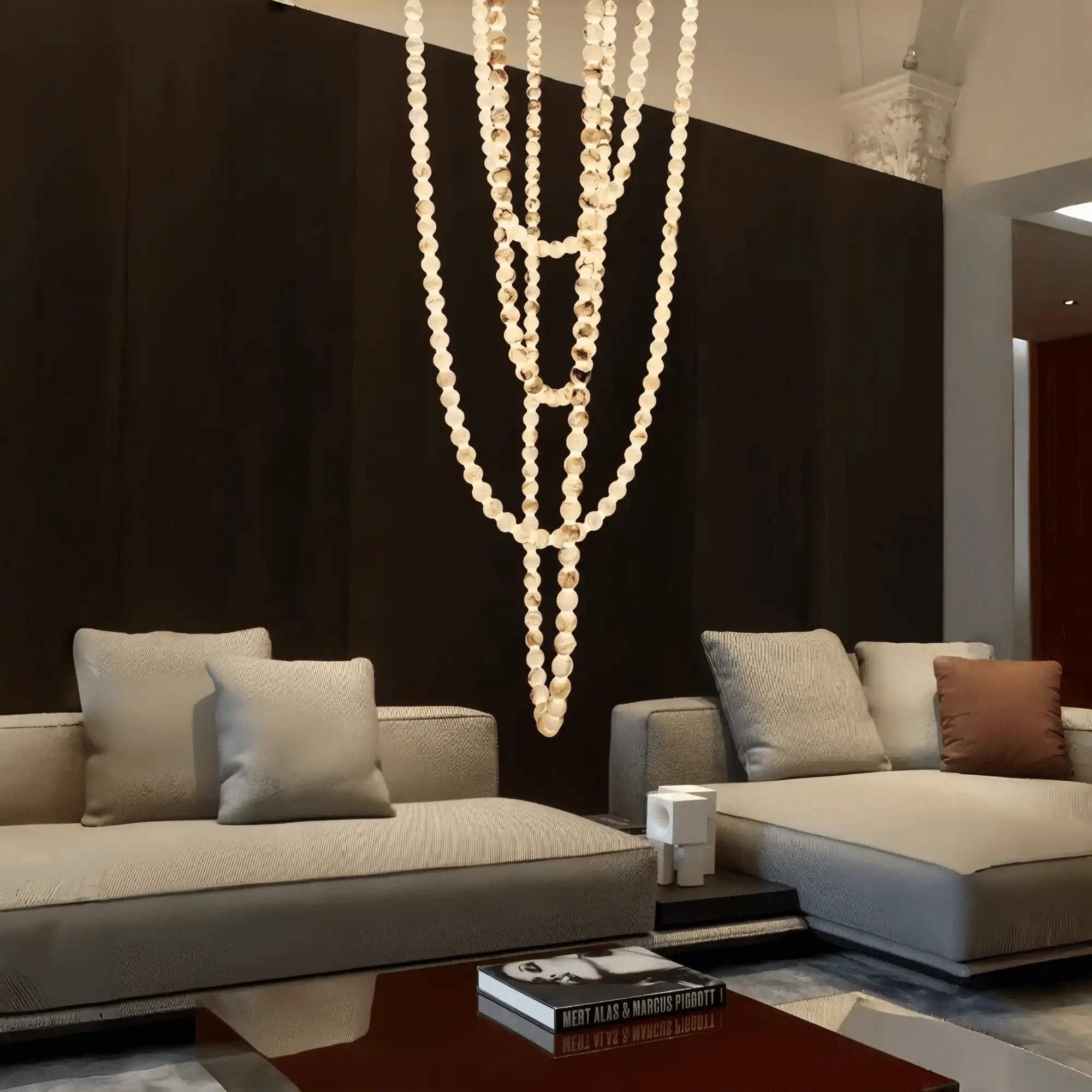 Modern LED Natural Alabaster Globes Beads Hanging Chandelier Indoor Lighting Fixture-Modern Pendant lamp-Trivellolab-167 globes-L100+L200+L400+L500CM/L40"+L80"+L157"+L197"-Neutral Light (4000K)-Brass + White-Trivellolab