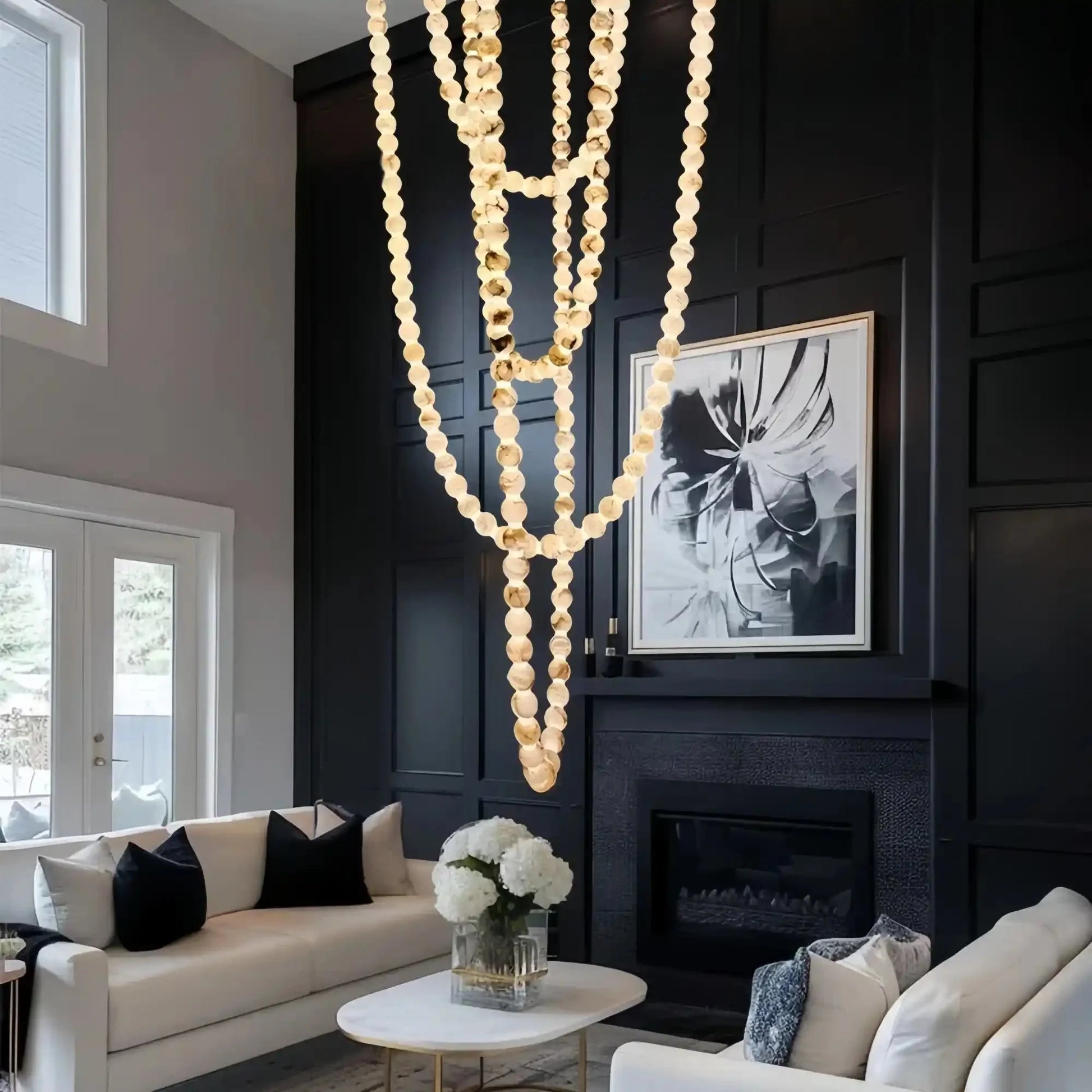 Modern LED Natural Alabaster Globes Beads Hanging Chandelier Indoor Lighting Fixture-Modern Pendant lamp-Trivellolab-167 globes-L100+L200+L400+L500CM/L40"+L80"+L157"+L197"-Neutral Light (4000K)-Black + White-Trivellolab
