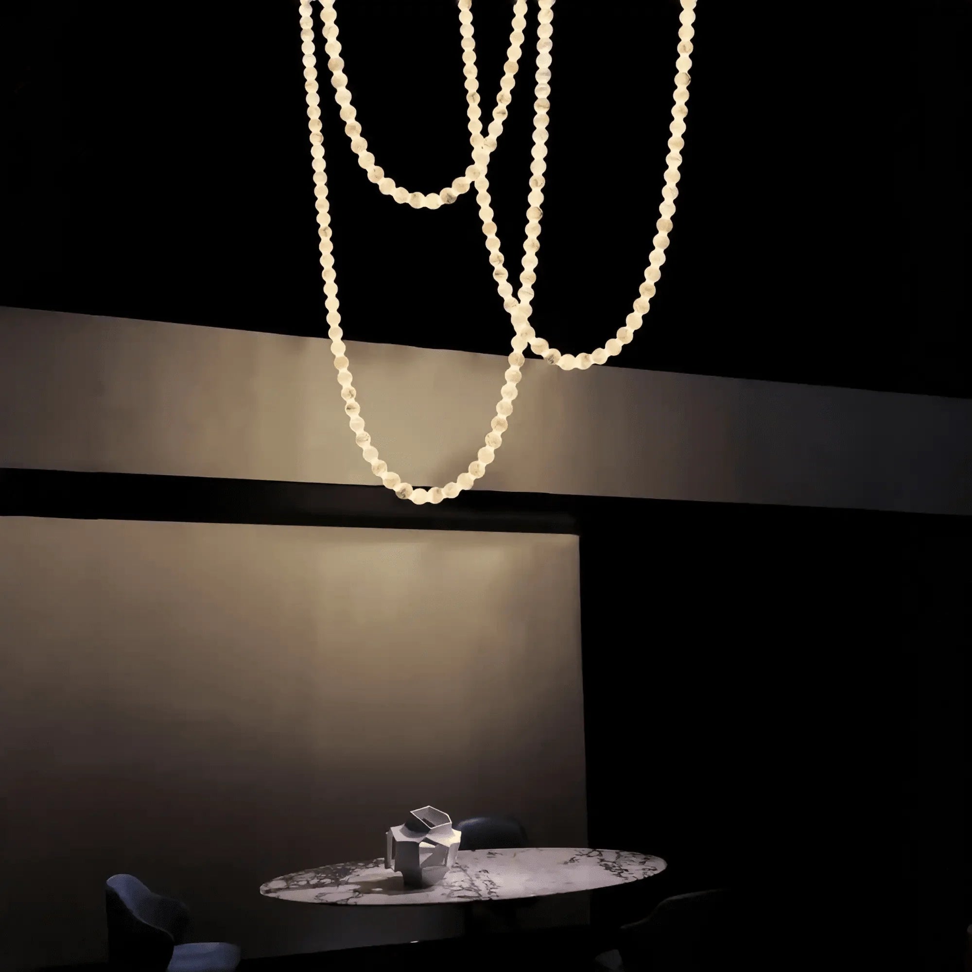 Modern LED Natural Alabaster Globes Beads Hanging Chandelier Indoor Lighting Fixture-Modern Pendant lamp-Trivellolab-125 globes-L100+L300+L500CM/L40"+L118"+L197"-Warm Light (3000K)-Black + White-Trivellolab