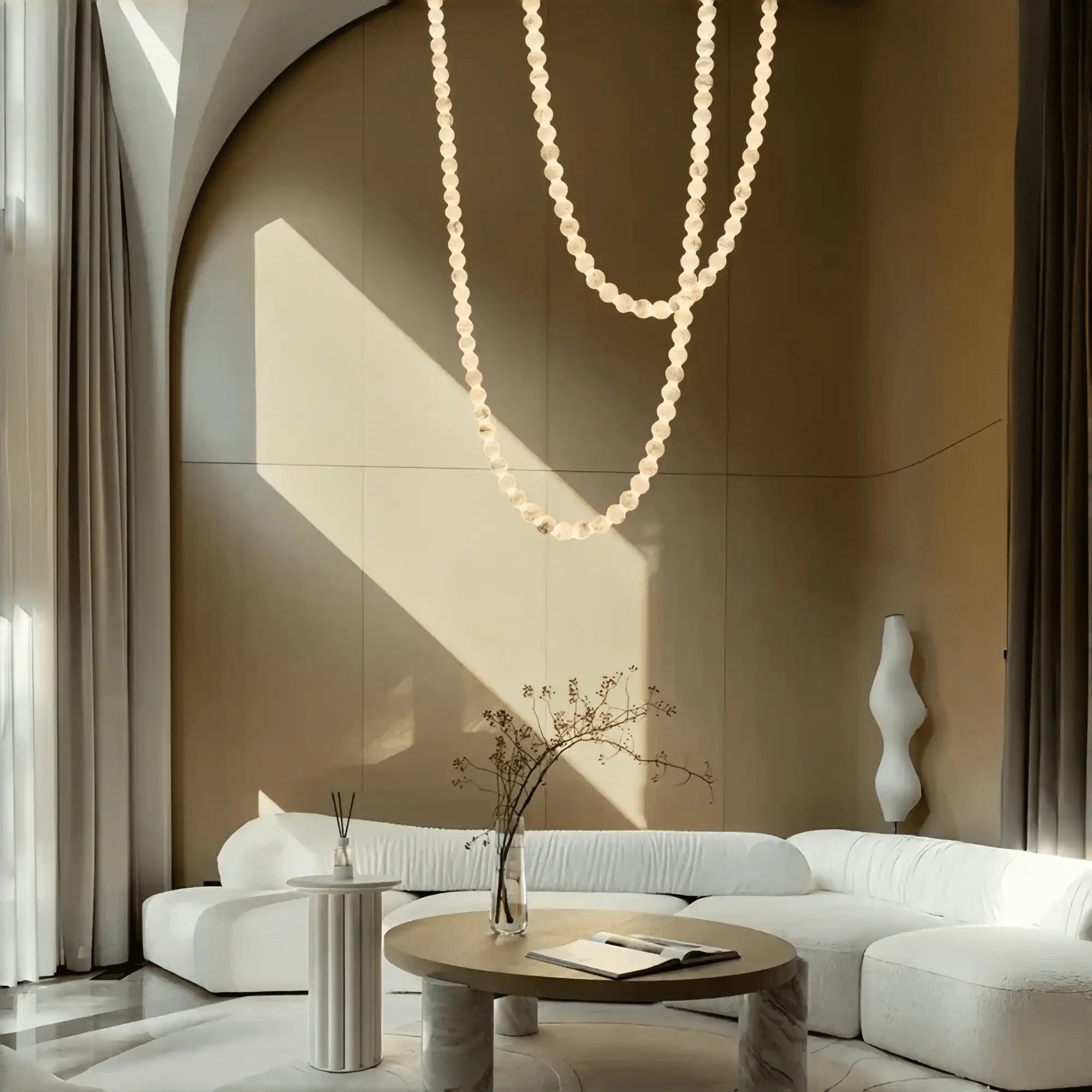 Modern LED Natural Alabaster Globes Beads Hanging Chandelier Indoor Lighting Fixture-Modern Pendant lamp-Trivellolab-112 globes-L300+L500CM/L118"+L197"-Neutral Light (4000K)-Brass + White-Trivellolab