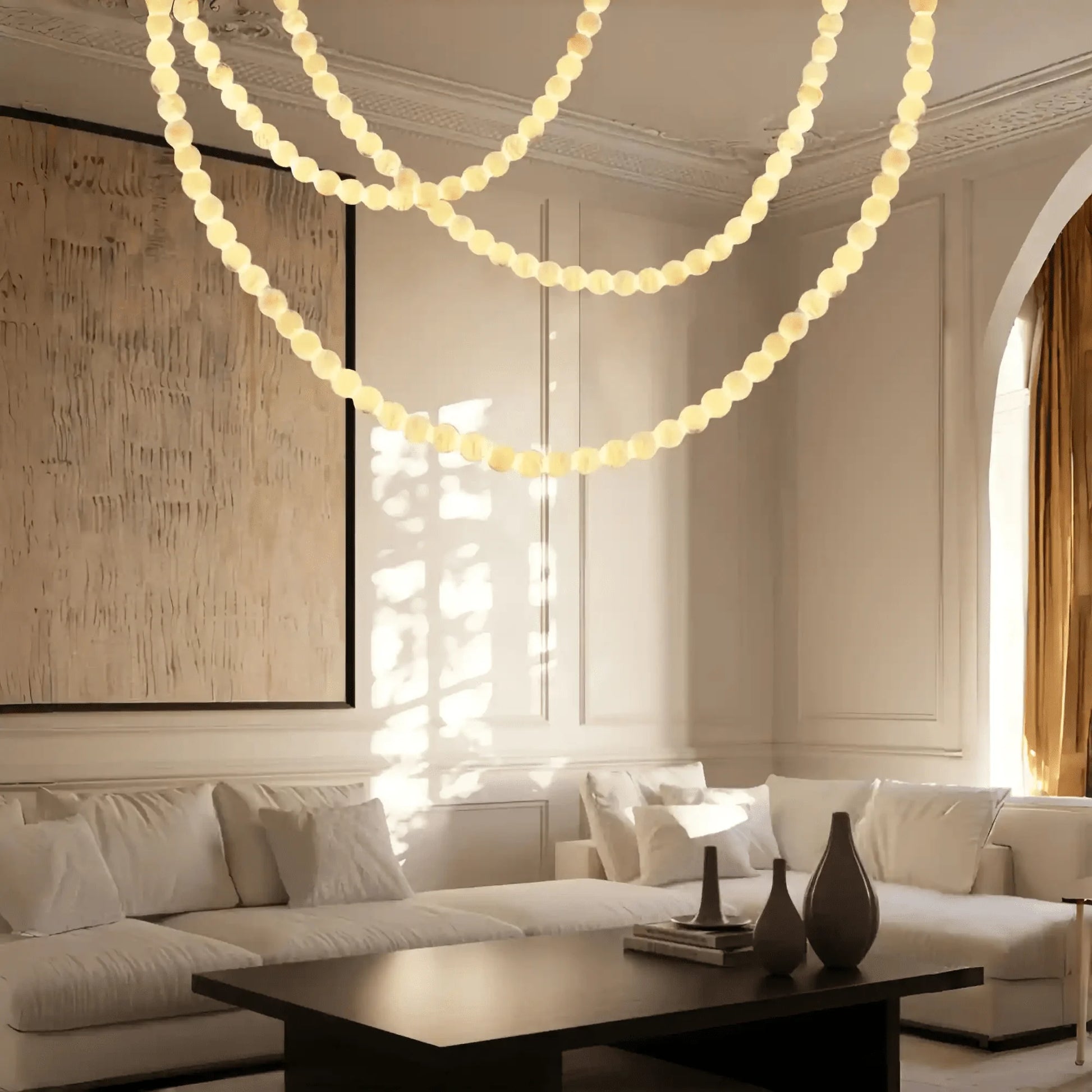 Modern LED Natural Alabaster Globes Beads Hanging Chandelier Indoor Lighting Fixture-Modern Pendant lamp-Trivellolab-125 globes-L100+L300+L500CM/L40"+L118"+L197"-Cool Light (6000k)-Brass + White-Trivellolab
