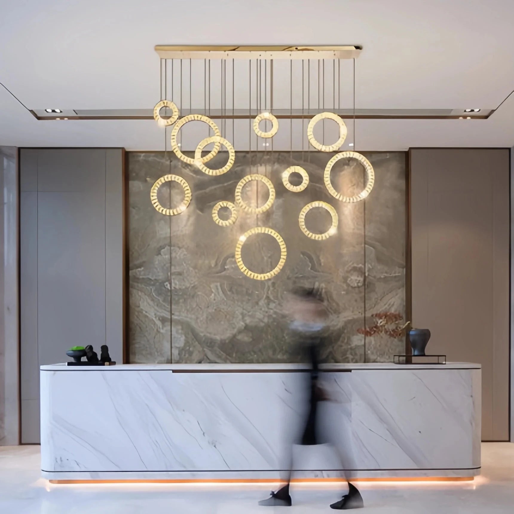 Modern Multi Gold Donuts Shape Crystal Chandelier Ring Round Light Fixture for Foyer Staircase - Linear/ D 63" * H 98.4"GoldDimmable Warm LightTrivellolab