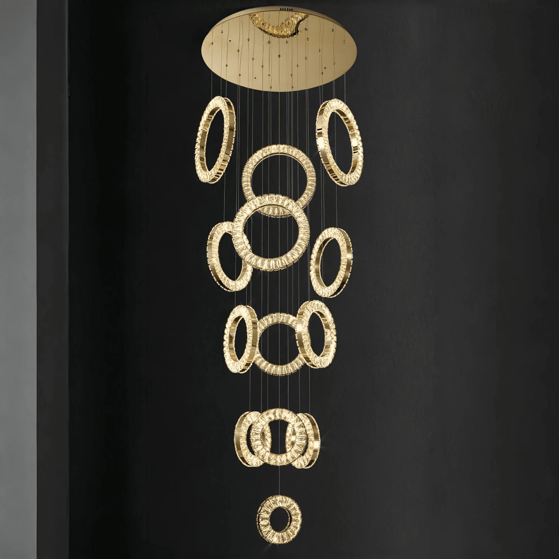 Modern Multi Gold Donuts Shape Crystal Chandelier Ring Round Light Fixture for Foyer Staircase - Round/ D 31.5" * H 118.1"GoldWarm LightTrivellolab