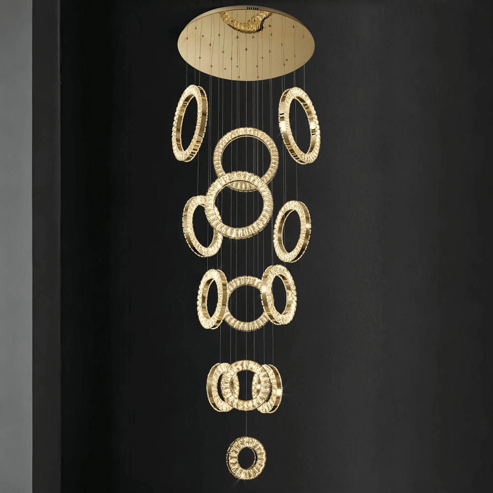 Modern Multi Gold Donuts Shape Crystal Chandelier Ring Round Light Fixture for Foyer Staircase - Round/ D 31.5" * H 118.1"GoldWarm LightTrivellolab