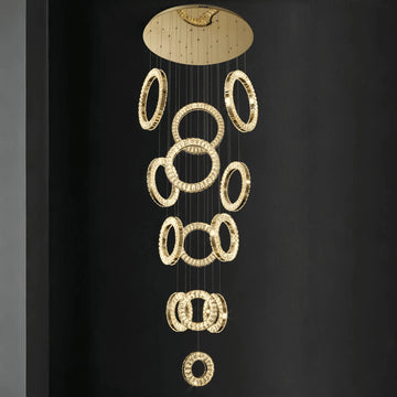 Modern Multi Gold Donuts Shape Crystal Chandelier Ring Round Light Fixture for Foyer Staircase - Round/ D 31.5" * H 118.1"GoldWarm LightTrivellolab