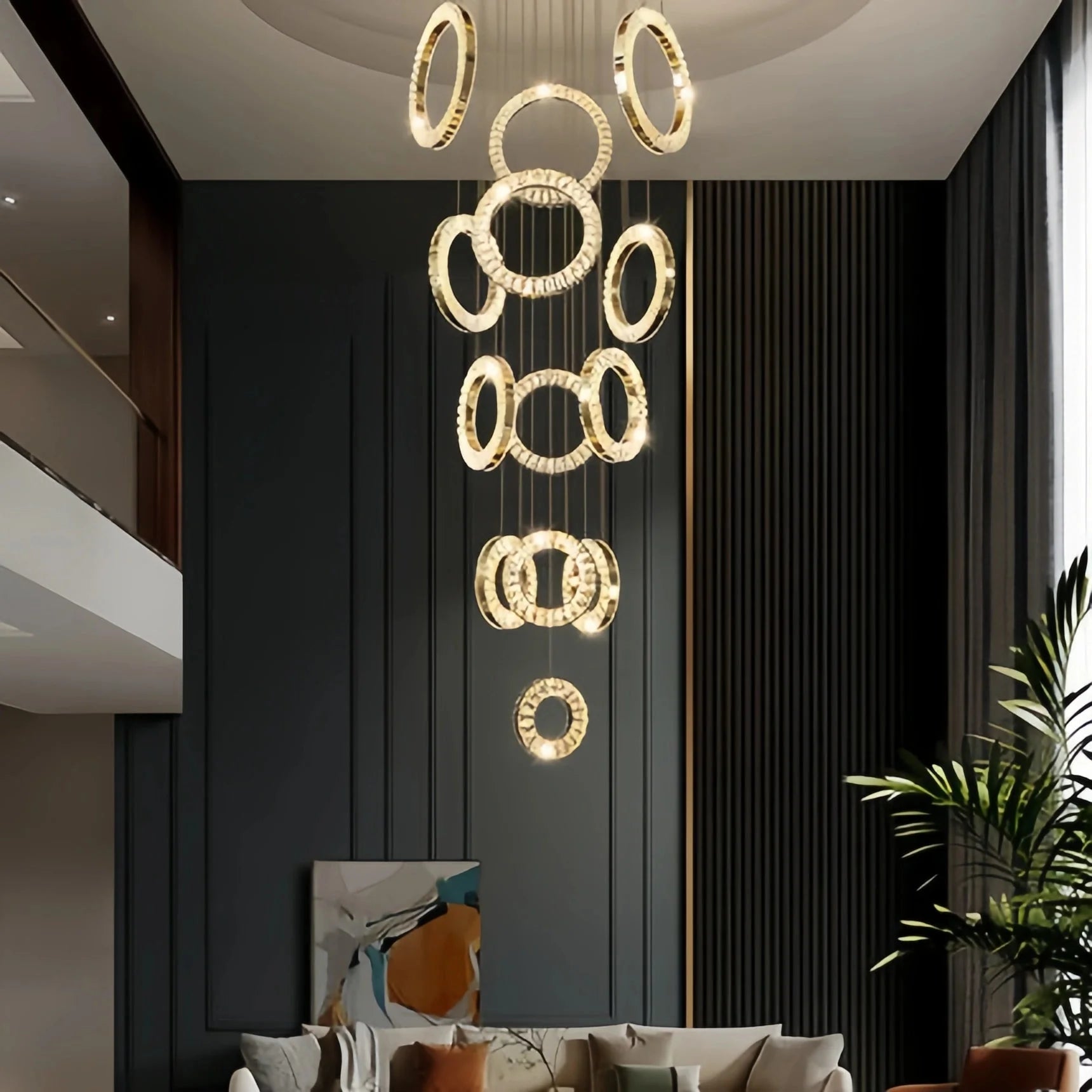 Modern Multi Gold Donuts Shape Crystal Chandelier Ring Round Light Fixture for Foyer Staircase - Linear/ D 63" * H 98.4"ChromeWarm LightTrivellolab