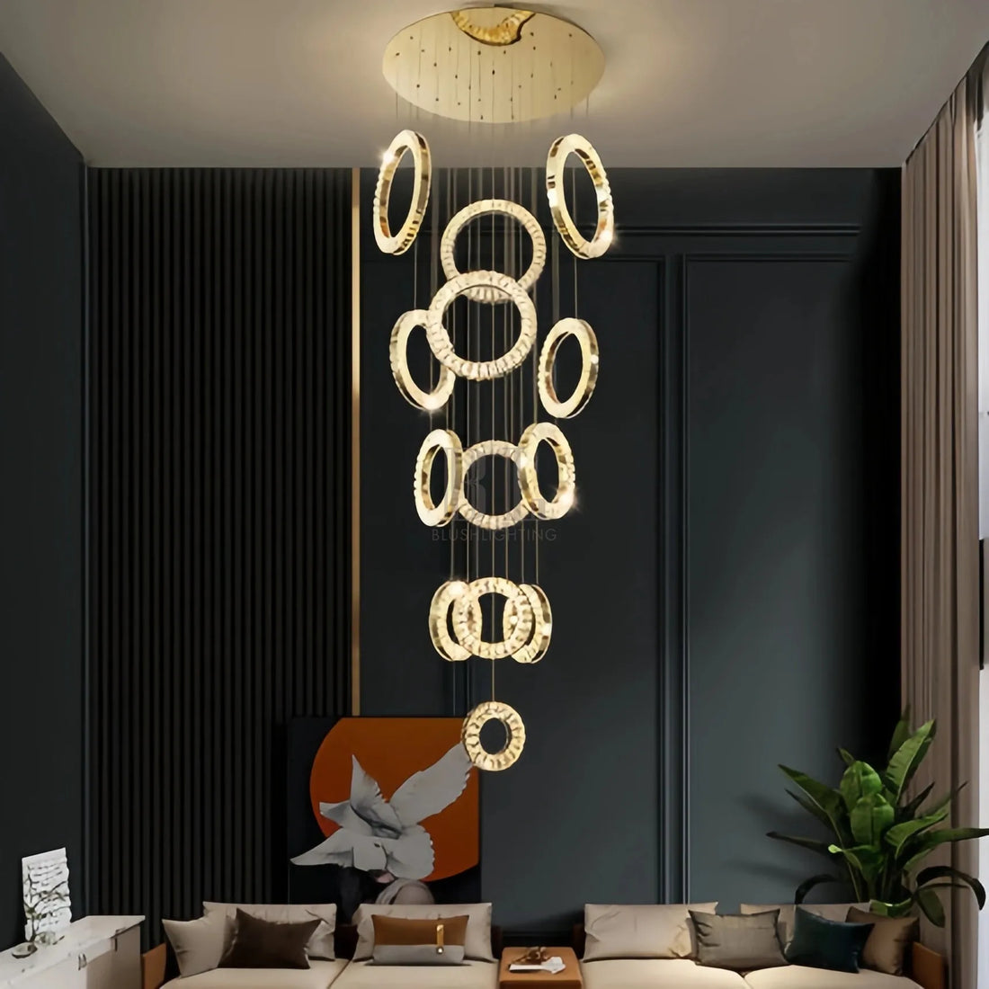 Modern Multi Gold Donuts Shape Crystal Chandelier Ring Round Light Fixture for Foyer Staircase - Round/ D 31.5" * H 118.1"GoldWarm LightTrivellolab