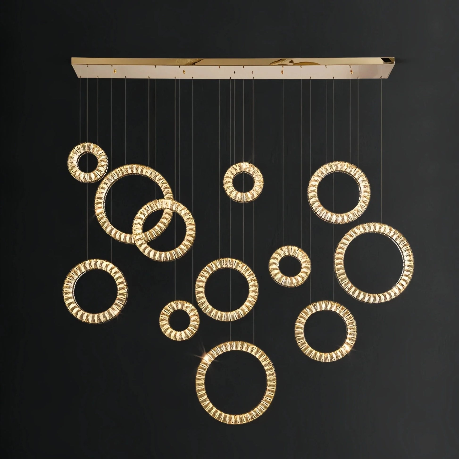 Modern Multi Gold Donuts Shape Crystal Chandelier Ring Round Light Fixture for Foyer Staircase - Linear/ D 63" * H 98.4"ChromeWarm LightTrivellolab
