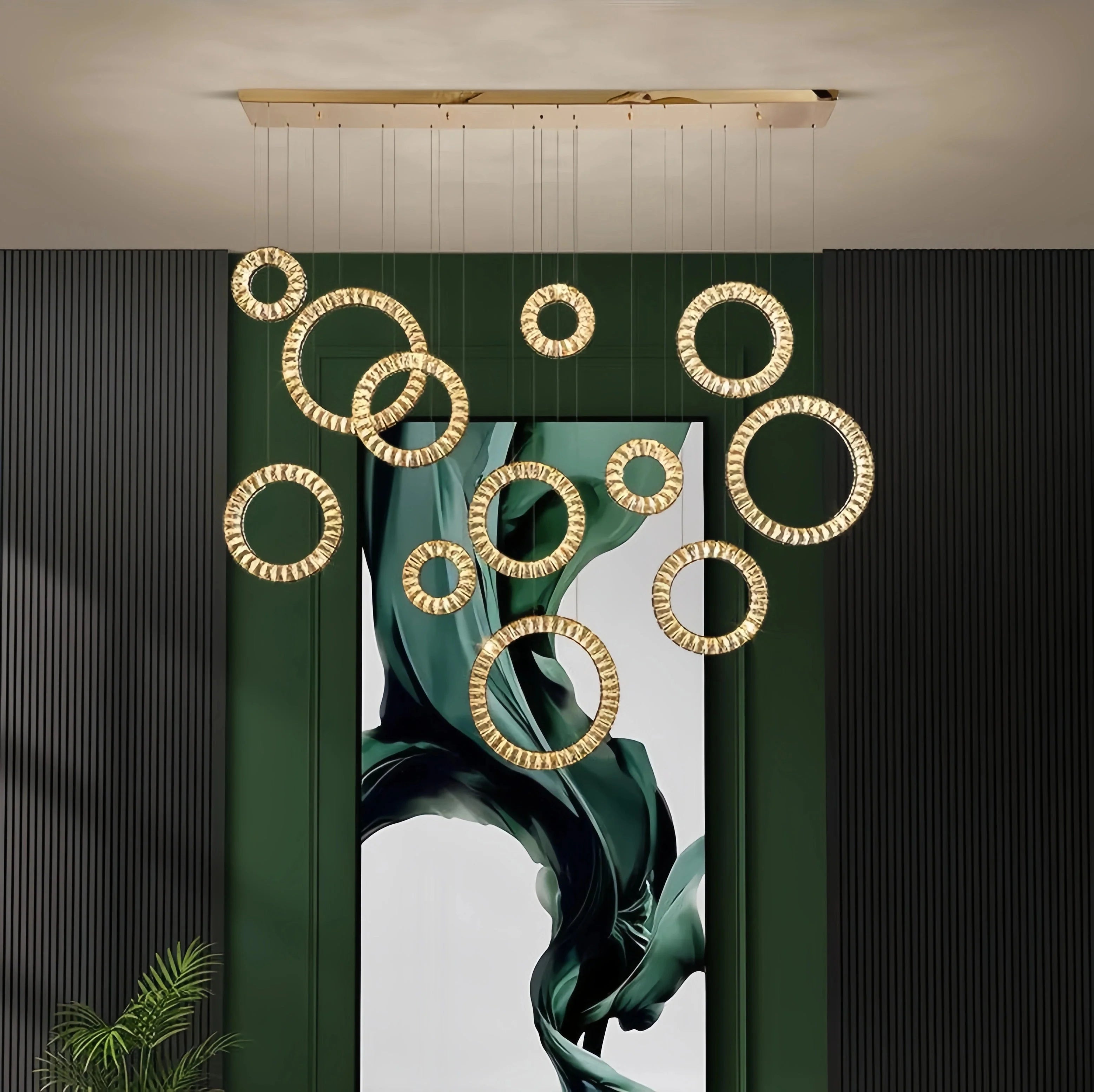 Modern Multi Gold Donuts Shape Crystal Chandelier Ring Round Light Fixture for Foyer Staircase - Linear/ D 63" * H 98.4"GoldWarm LightTrivellolab