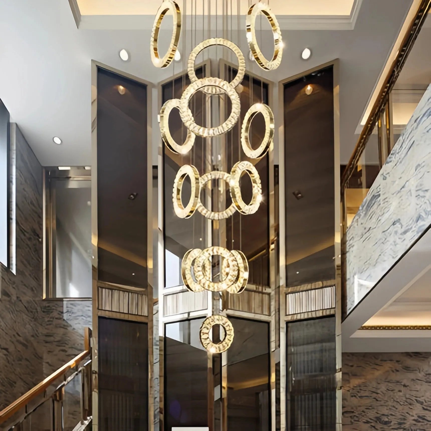 Modern Multi Gold Donuts Shape Crystal Chandelier Ring Round Light Fixture for Foyer Staircase - Round/ D 31.5" * H 118.1"GoldDimmable White LightTrivellolab