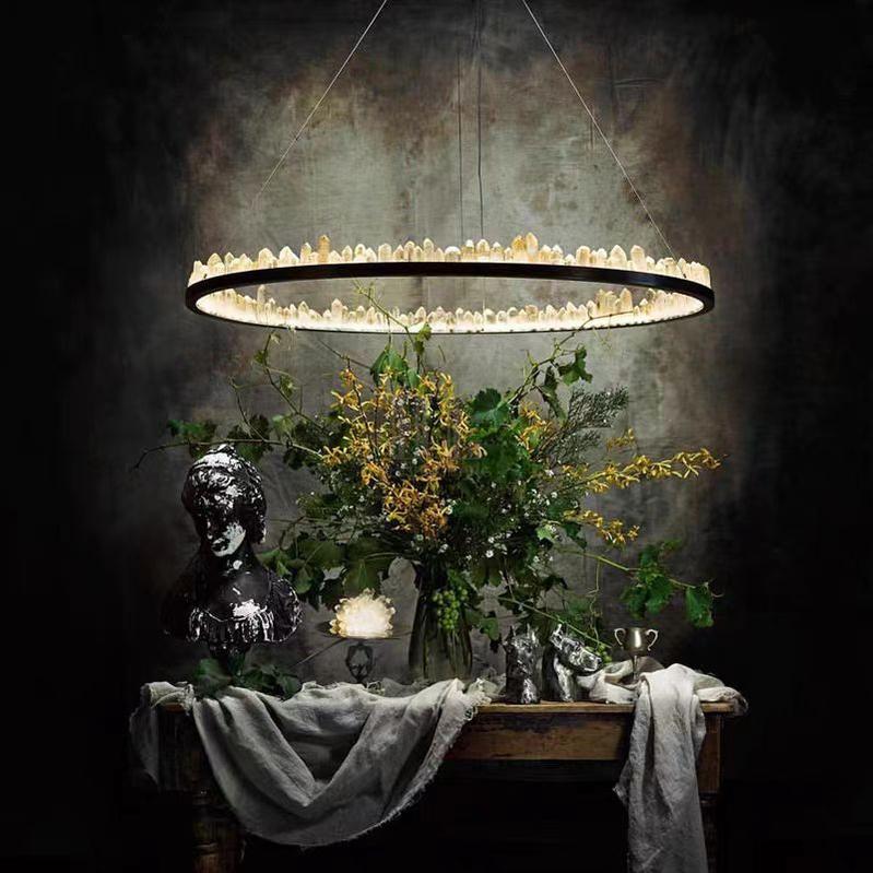 Modern Style Rings Brass & Natural Quartz Crystal Chandelier in Brass/Black Finish - 1 Tier / D23.6" * H4"BrassWarm LightTrivellolab