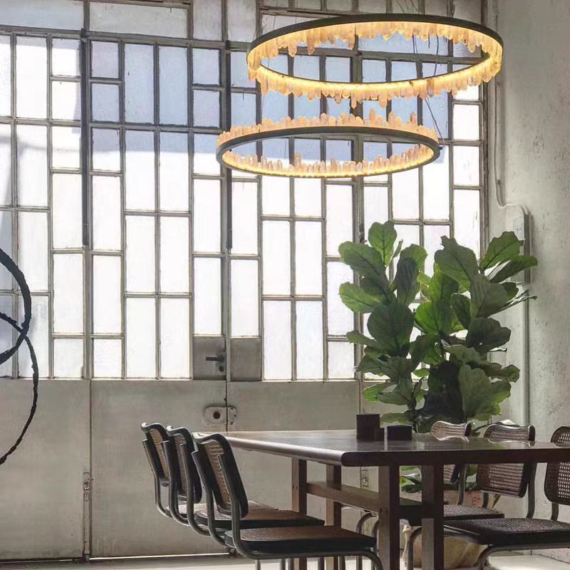 Modern Style Rings Brass & Natural Quartz Crystal Chandelier in Brass/Black Finish - 1 Tier / D23.6" * H4"BrassWarm LightTrivellolab