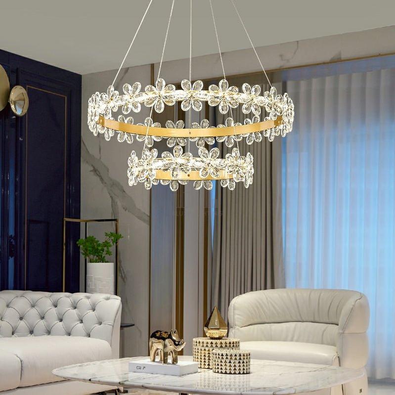 New Style Flower Crystal Chandelier For Living Room Petal Ring Pendant Lighting Fixture for Girls Bedroom - 2 Rings D23.6"+D13.8"Warm LightTrivellolab