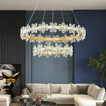 New Style Flower Crystal Chandelier For Living Room Petal Ring Pendant Lighting Fixture for Girls Bedroom - 2 Rings D23.6"+D13.8"Warm LightTrivellolab