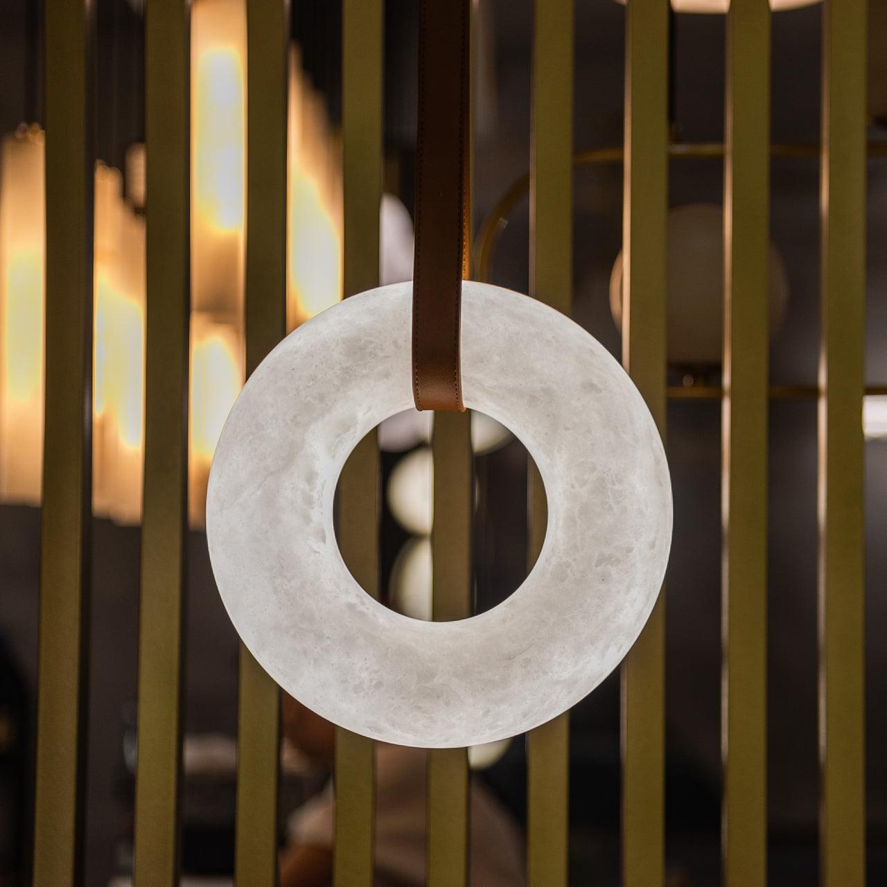 Oslo Pendant Alabaster Chandelier, Halo Ring Chandelier With Leather - 19.7" D Single RingTrivellolab