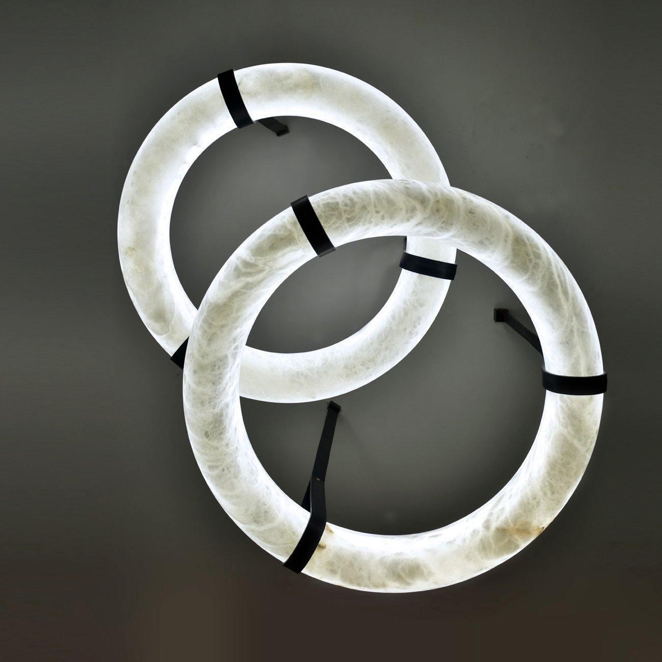 Oslo Pendant Alabaster Chandelier, Halo Ring Chandelier With Leather - 23.6" D Single RingTrivellolab