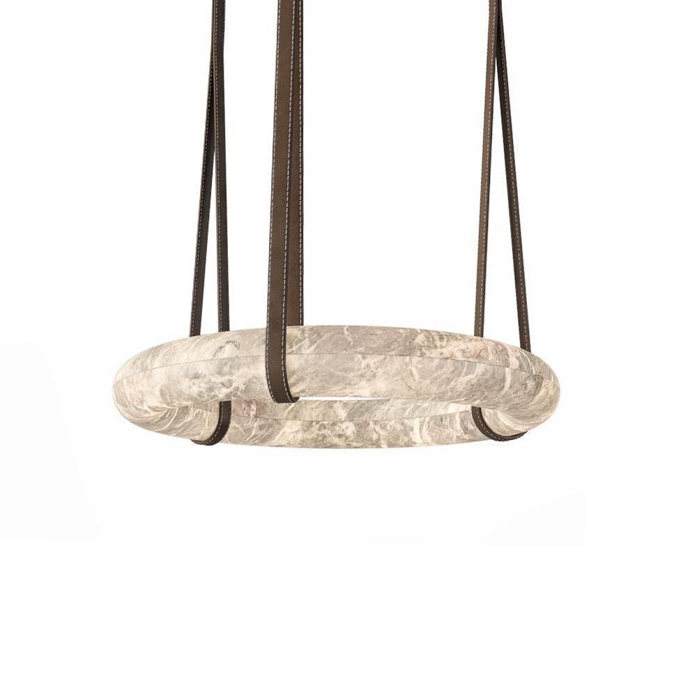 Oslo Pendant Alabaster Chandelier, Halo Ring Chandelier With Leather - 19.7" D Single RingTrivellolab