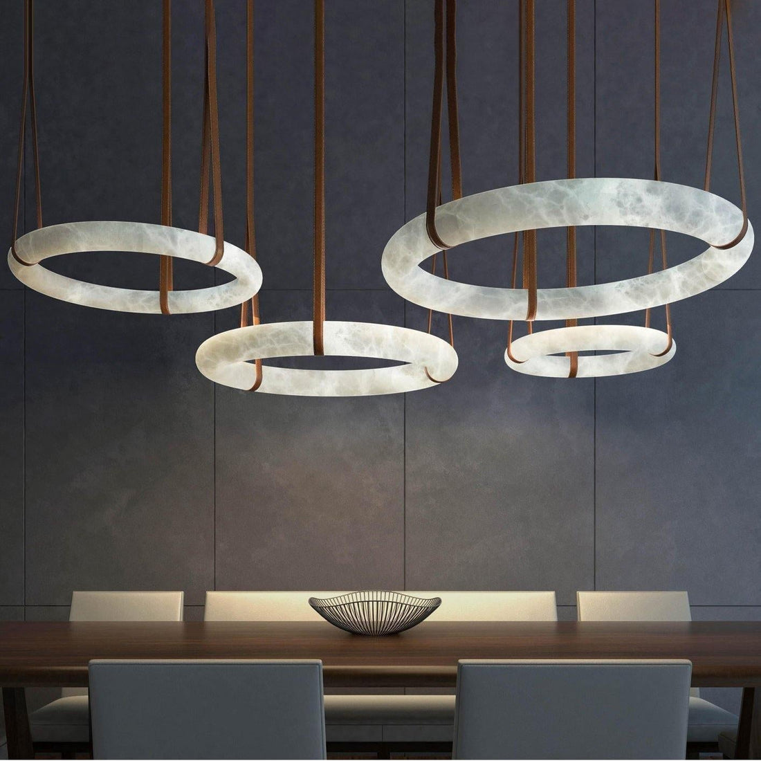 Oslo Pendant Alabaster Chandelier, Halo Ring Chandelier With Leather - 23.6" D Single RingTrivellolab