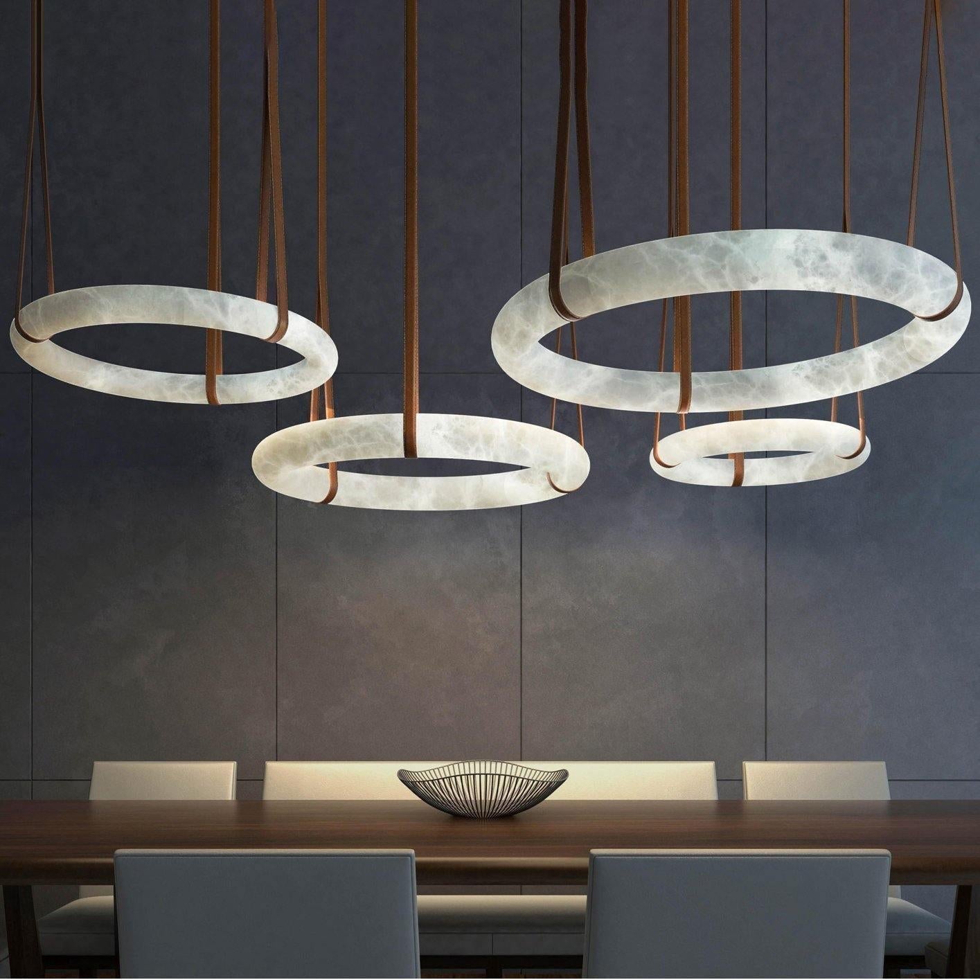 Oslo Pendant Alabaster Chandelier, Halo Ring Chandelier With Leather - 23.6" D Single RingTrivellolab