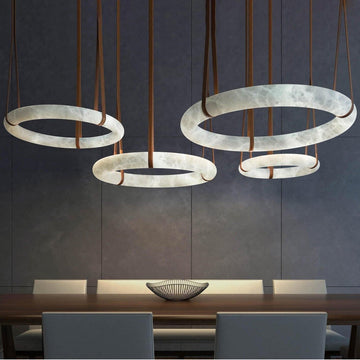 Oslo Pendant Alabaster Chandelier, Halo Ring Chandelier With Leather - 23.6" D Single RingTrivellolab