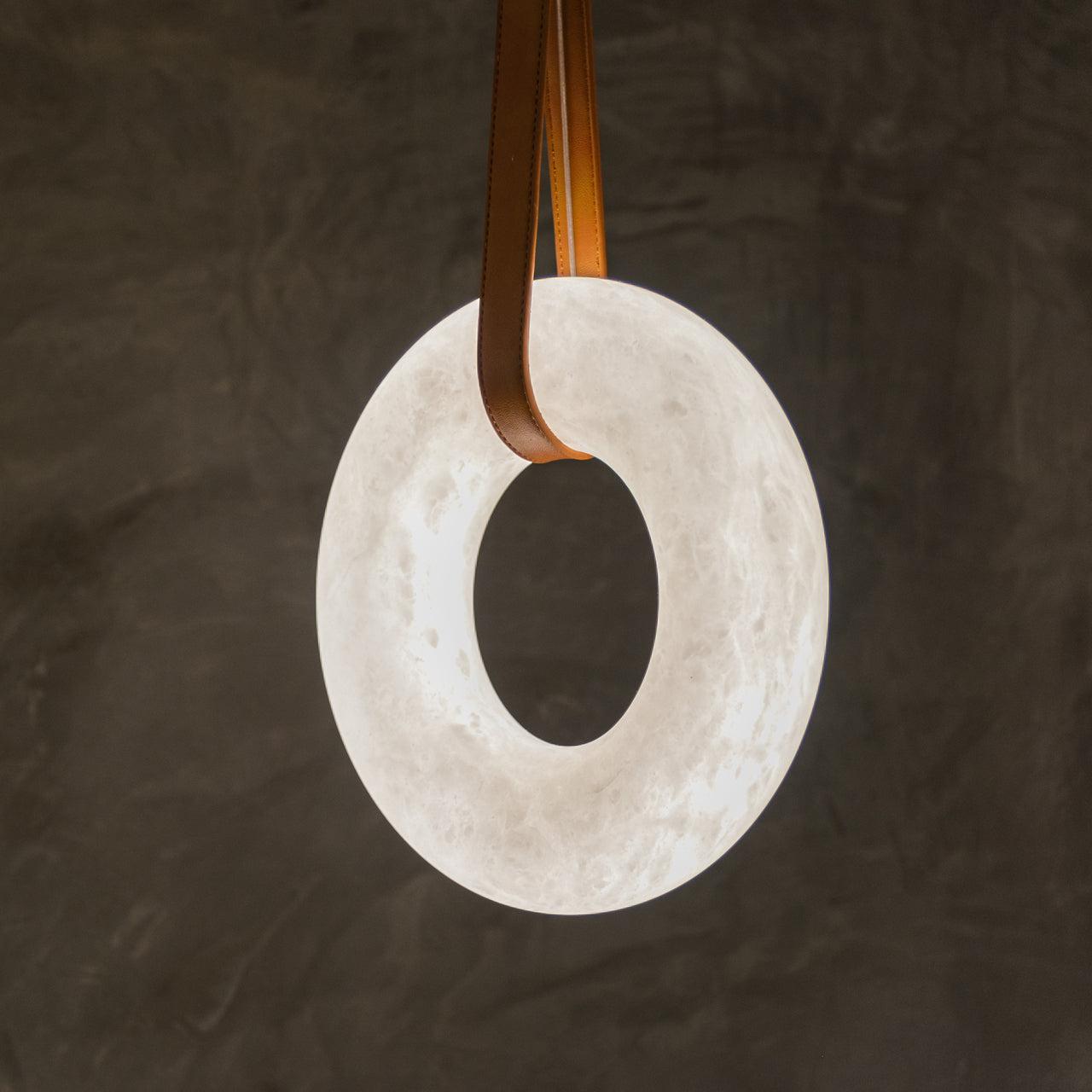 Oslo Pendant Alabaster Chandelier, Halo Ring Chandelier With Leather - 11.8" D Single RingTrivellolab