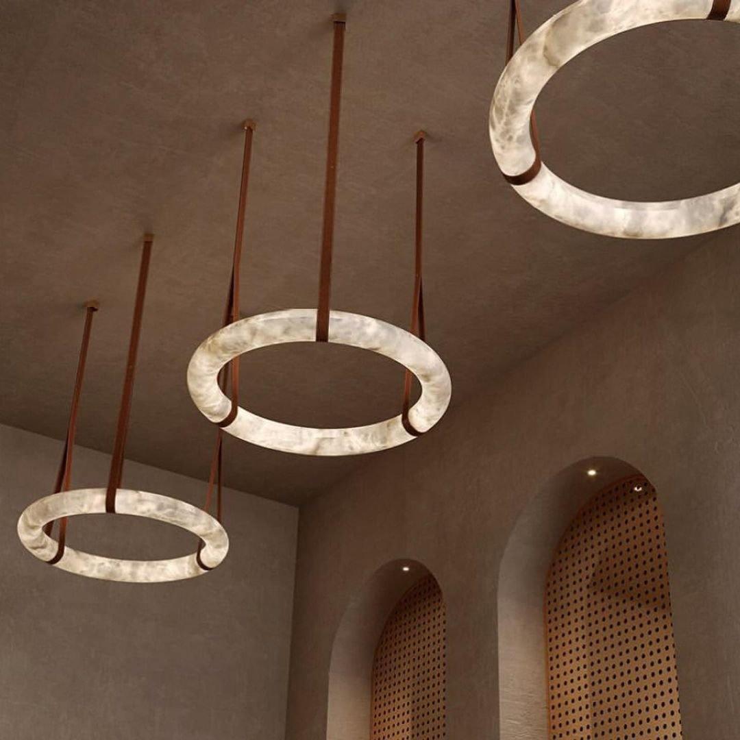 Oslo Pendant Alabaster Chandelier, Halo Ring Chandelier With Leather - 23.6" D Single RingTrivellolab