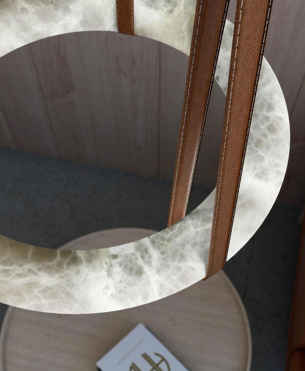 Oslo Pendant Alabaster Chandelier, Halo Ring Chandelier With Leather - 19.7" D Single RingTrivellolab