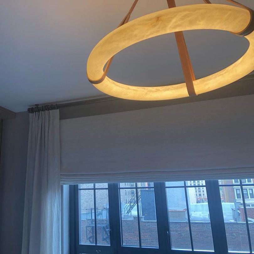 Oslo Pendant Alabaster Chandelier, Halo Ring Chandelier With Leather - 19.7" D Single RingTrivellolab