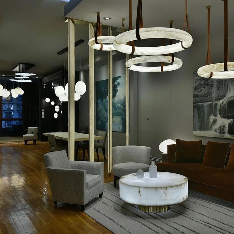 Oslo Pendant Alabaster Chandelier, Halo Ring Chandelier With Leather - 19.7" D Single RingTrivellolab