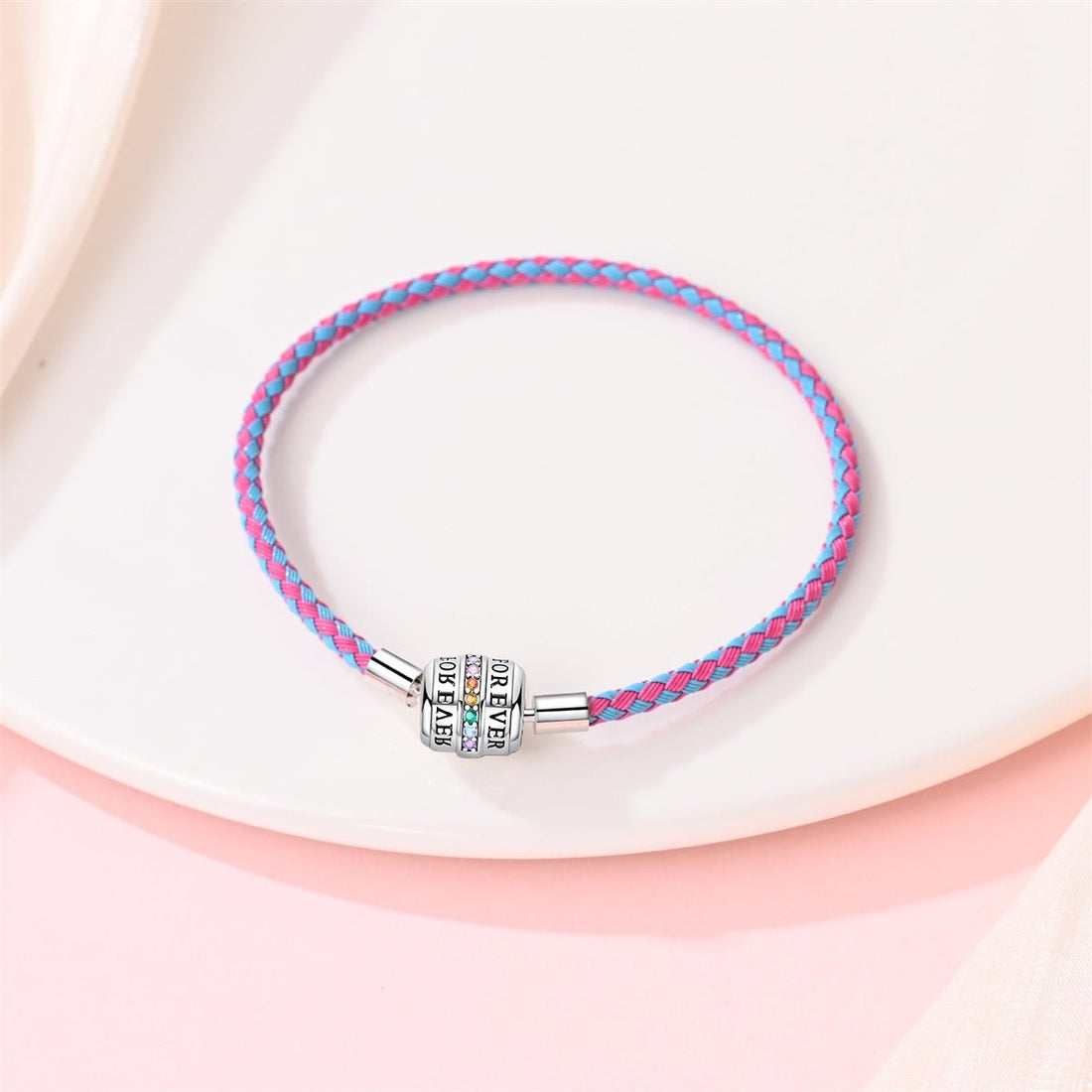 Trivellolab Pink & Blue Braided Leather Bracelet with Forever Clasp
