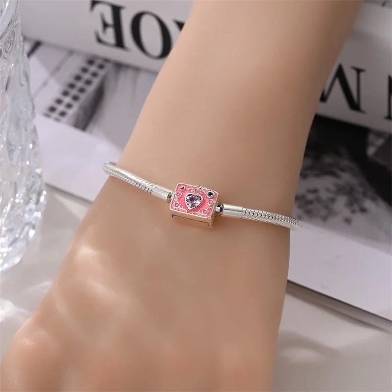 Trivellolab Pink Camera Crystal Heart Snake Chain Bracelet