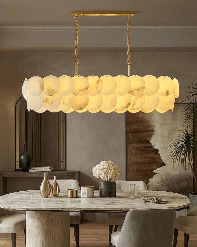 Rectangular Alabaster Chandelier Dia 100/120 with Round Shell Piece String Ceiling for Dining room - L100*W30*H40CM/L39.37*W11.81*H15.75"White + BrassTrivellolab